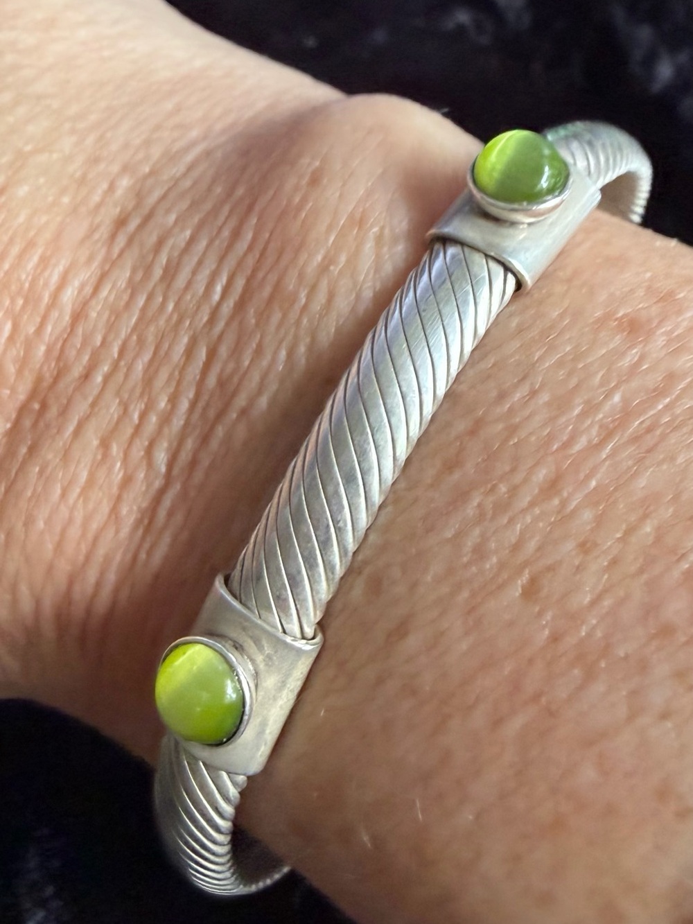 Sterling Silver Cable Cuff Bracelet with Green Cat’s Eye Gemstones